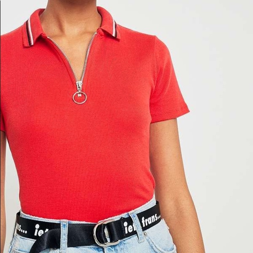 Red zip up polo top